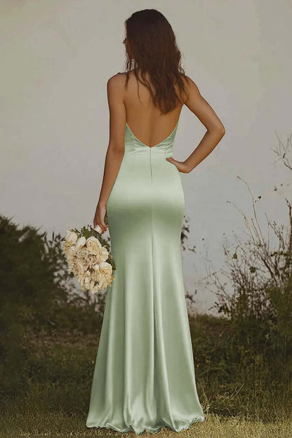 Dusty Sage Sheath Halter Backless Long Satin Bridesmaid Dress