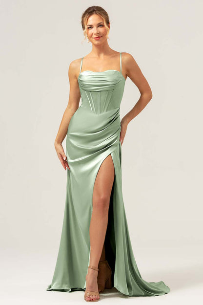 Sage Corset Long Bridesmaid Dress with Slit