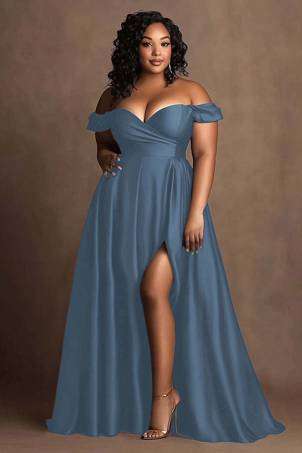 Off the Shoulder Navy Plus Size Long Satin Formal Dress with Slit
