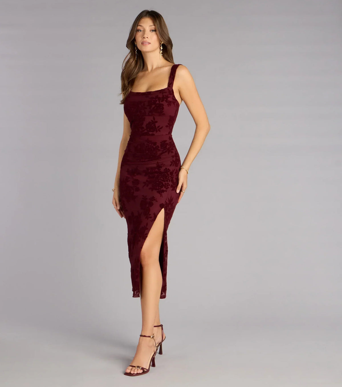 Emme Flocked Velvet Midi Formal Dress