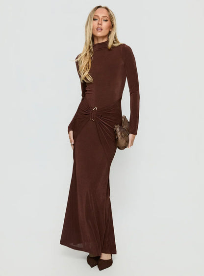 Yaqueline Long Sleeve Ruched Maxi Dress Chocolate