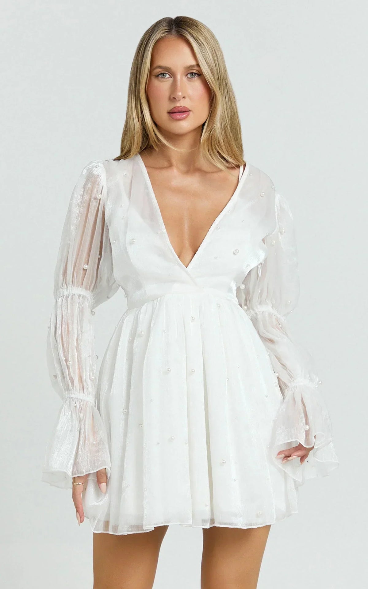 Solanna Mini Dress - Long Puff Sleeve V Neck Dress in White