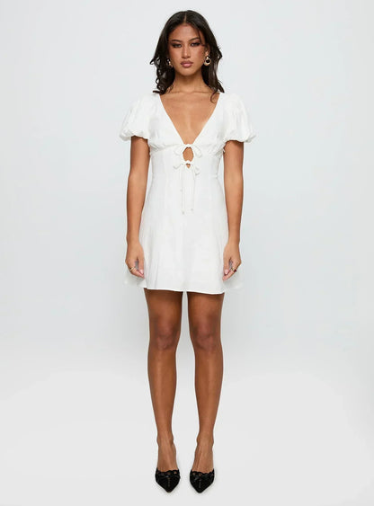 Beloved Puff Sleeve Linen Blend Mini Dress White