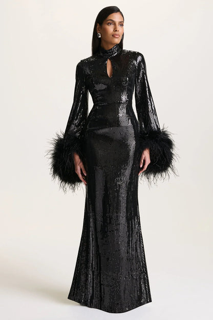 Cosmic Star | Black Sequin High-Neck Maxi Dress With Feather Cuffs