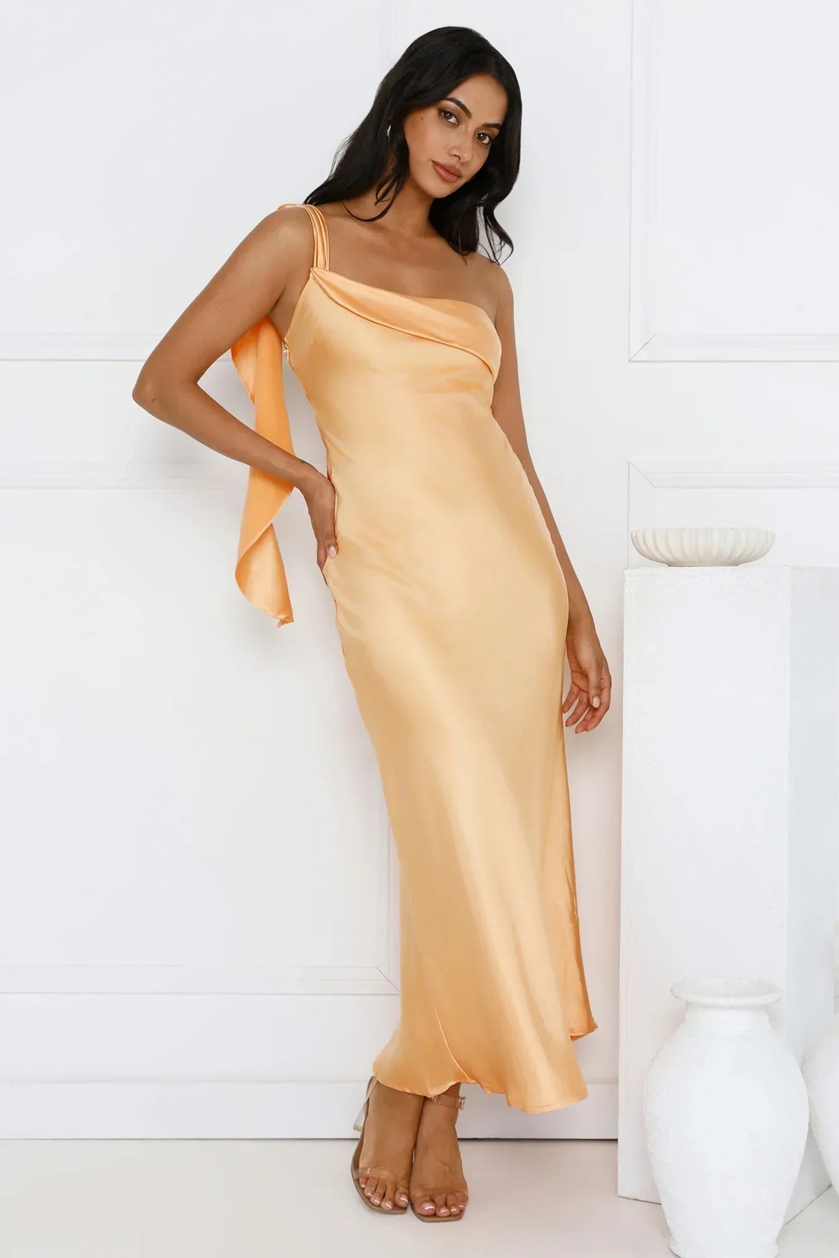 Romantic Tales Satin One Shoulder Maxi Dress