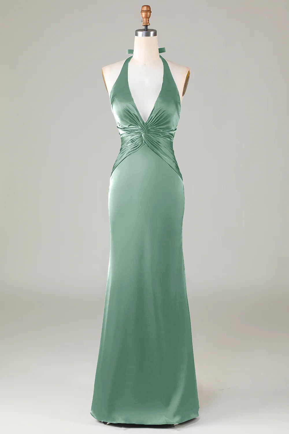 Blushing Pink Sheath Halter Satin Long Bridesmaid Dress