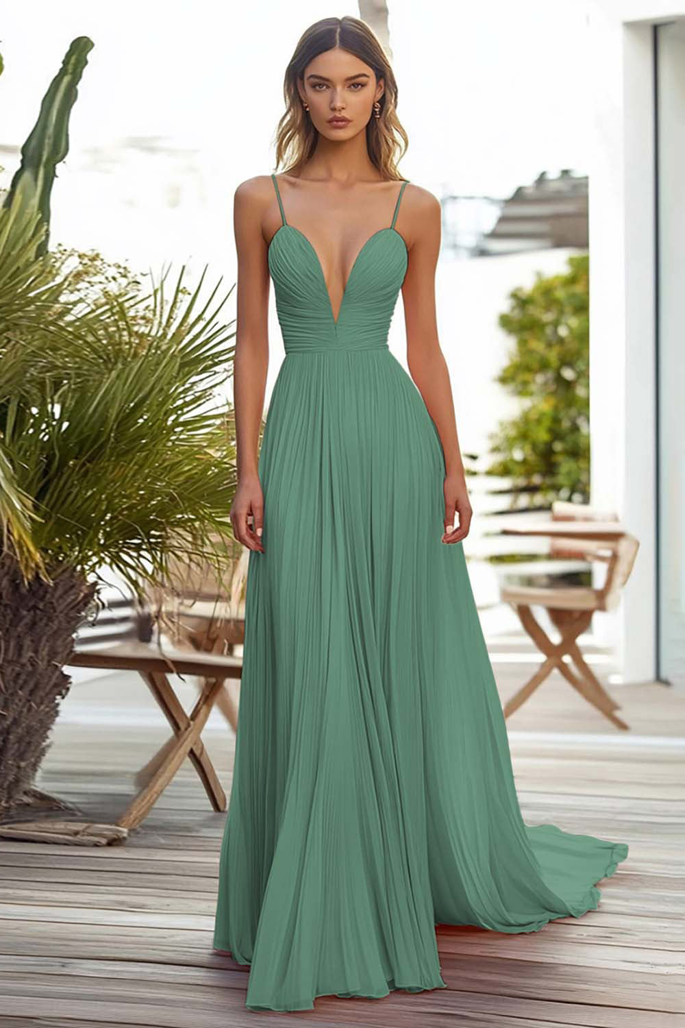 Pink Spaghetti Straps Chiffon Long Wedding Guest Dress with Pleated