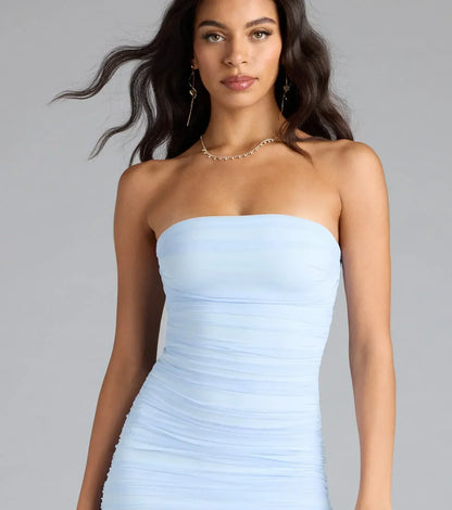 Here For The Vibes Ruched Mesh Mini Dress