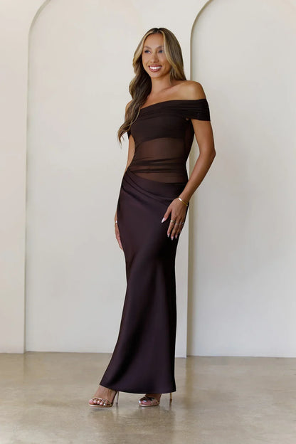 Veiled Whispers Off Shoulder Maxi Dress