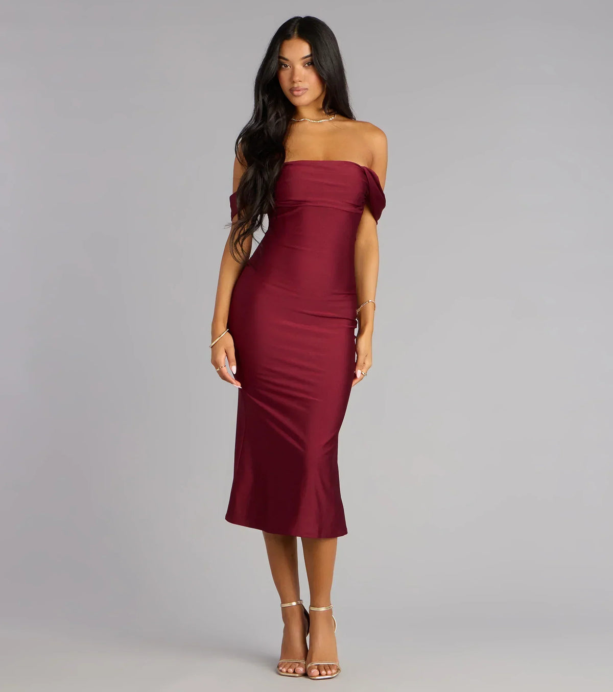 Exceptional Off-The-Shoulder Flared Midi Dress
