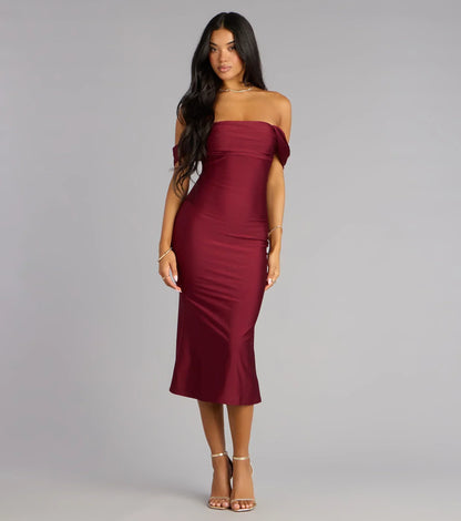 Exceptional Off-The-Shoulder Flared Midi Dress