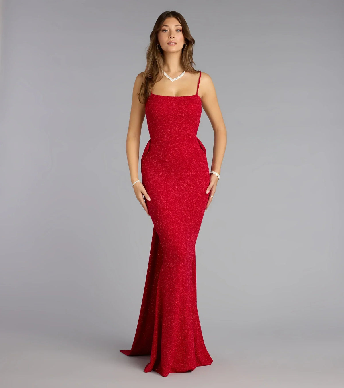 Gwendolyn Glitter Knit Bow-Back Mermaid Dress