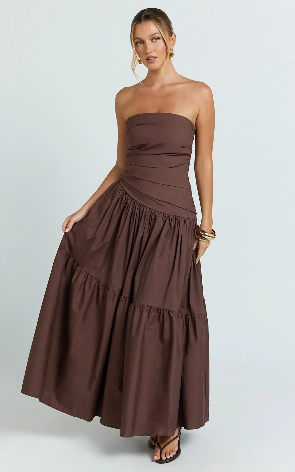 Cora Midi Dress - Strapless Dress in Chocolate