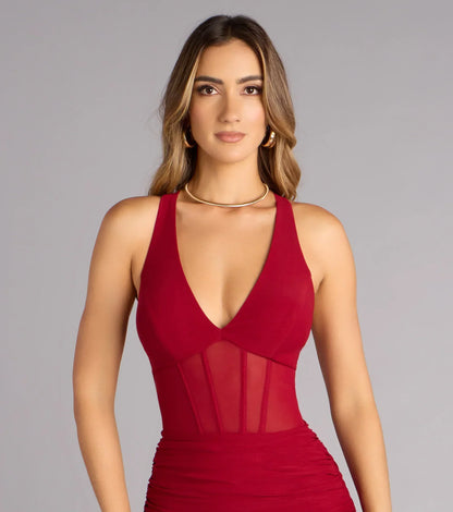 Kristy Mesh Corset Lace-Up Slit Formal Dress
