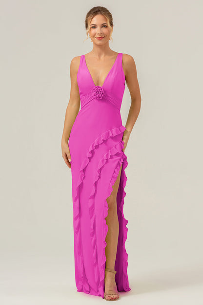 Lime Deep V Neck Ruffles Long Bridesmaid Dress with Slit