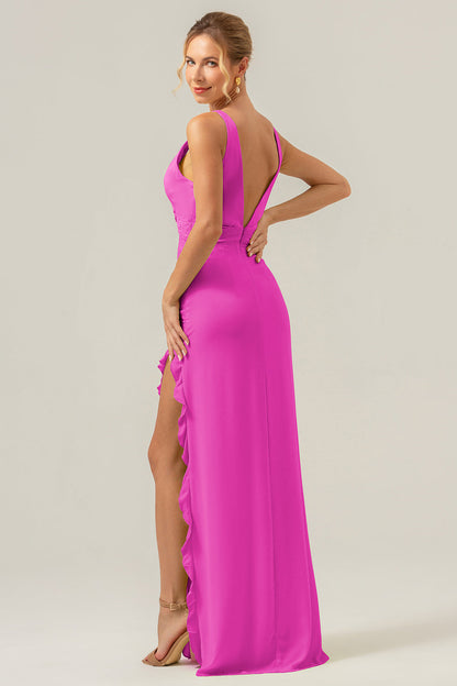 Lime Deep V Neck Ruffles Long Bridesmaid Dress with Slit