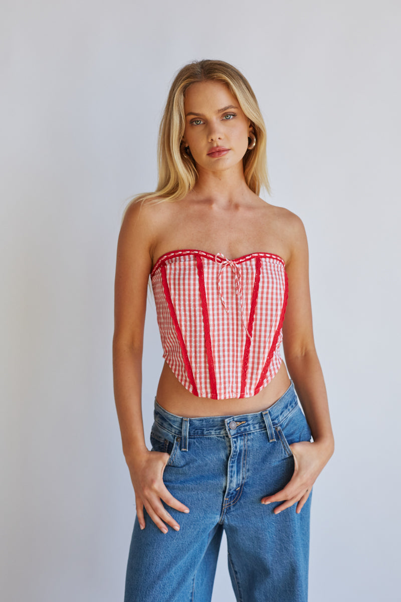 Kacey Lace Gingham Front Tie Corset