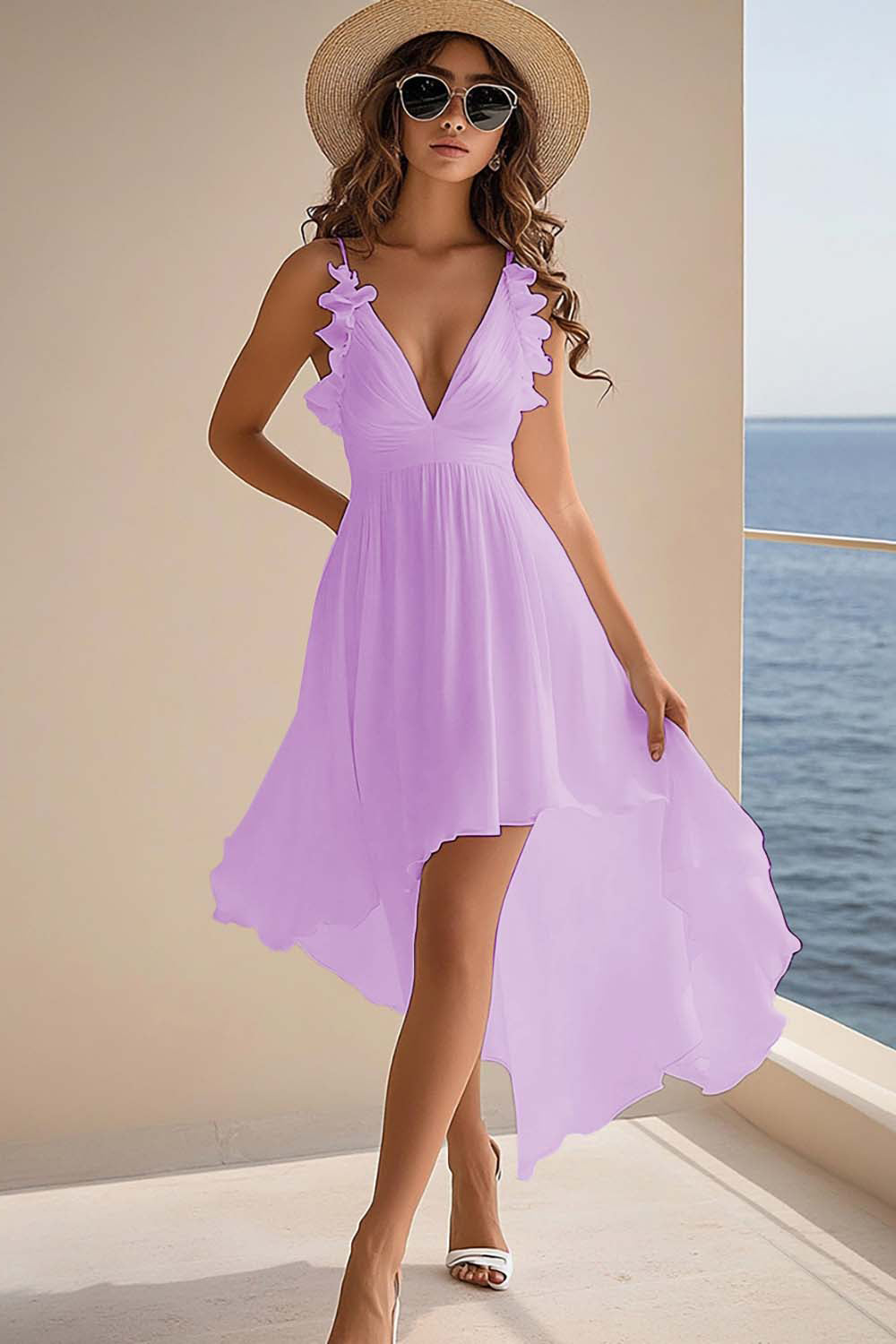 Lilac Chiffon Boho A Line High Low Graduation Dress with Ruffles
