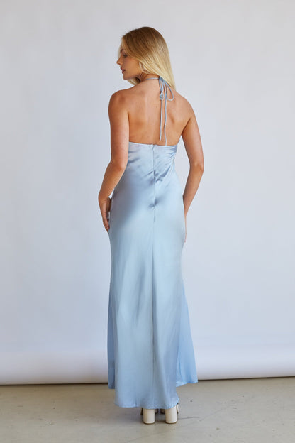 Lucinda Halter V-Neck Open Back Satin Midi Dress