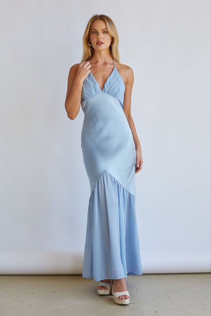 Lucinda Halter V-Neck Open Back Satin Midi Dress