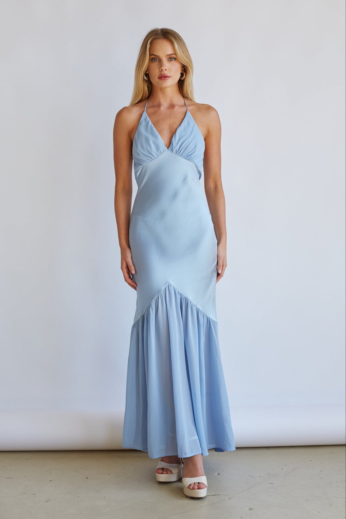 Lucinda Halter V-Neck Open Back Satin Midi Dress