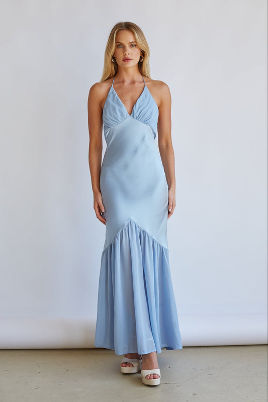 Lucinda Halter V-Neck Open Back Satin Midi Dress
