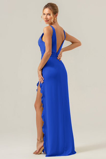 Lime Deep V Neck Ruffles Long Bridesmaid Dress with Slit