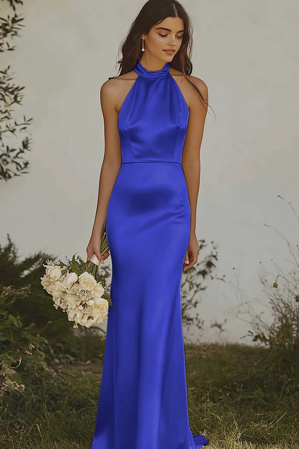 Mermaid Light Yellow Halter Long Satin Bridesmaid Dress