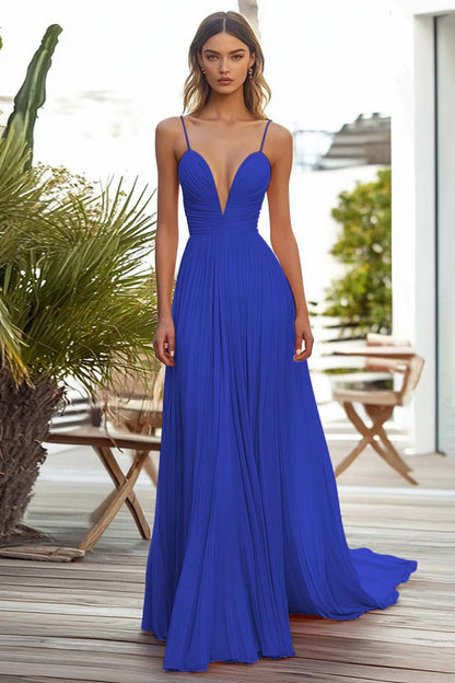 Pink Spaghetti Straps Chiffon Long Wedding Guest Dress with Pleated