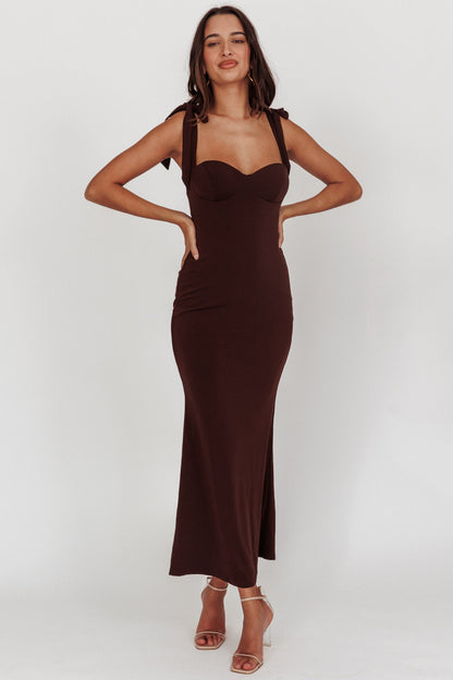 Rose Garden Tied Shoulder Maxi Dress Brown