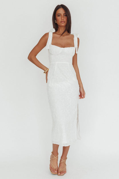 Cupid Tied Shoulder Embellished Midi Dress White