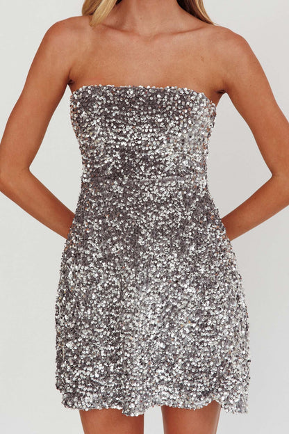 Heart To Heart Strapless Sequin Mini Dress Silver