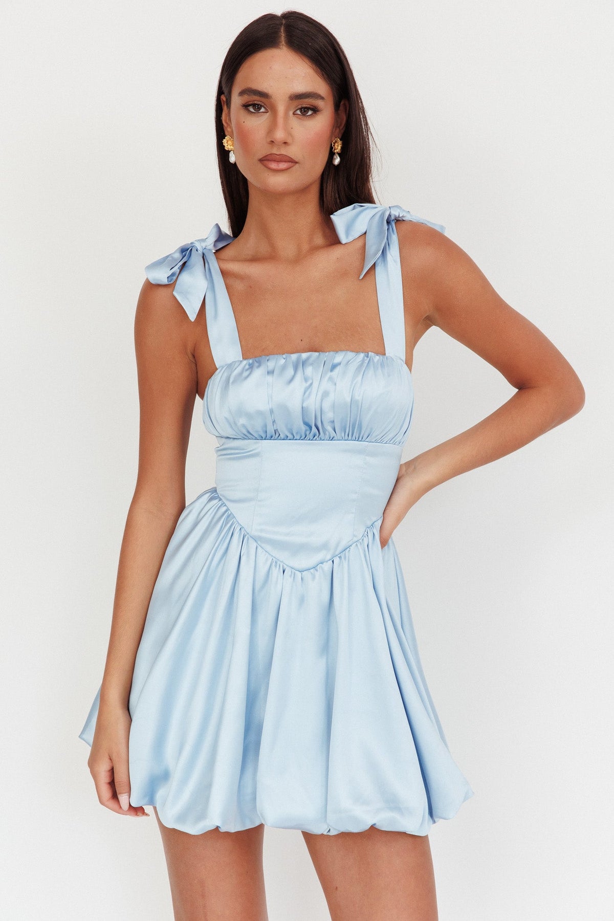 Just Magic Tied Shoulder Bubble Hem Mini Dress Baby Blue