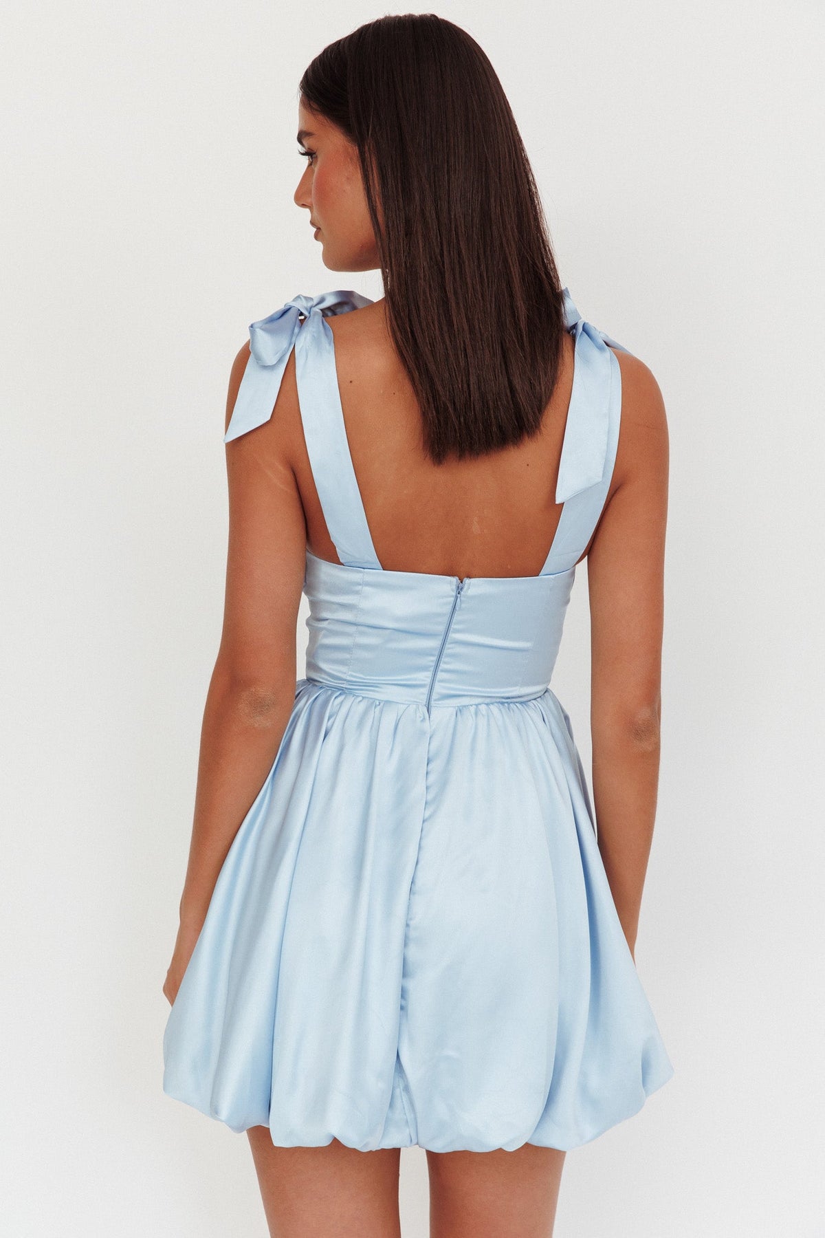 Just Magic Tied Shoulder Bubble Hem Mini Dress Baby Blue