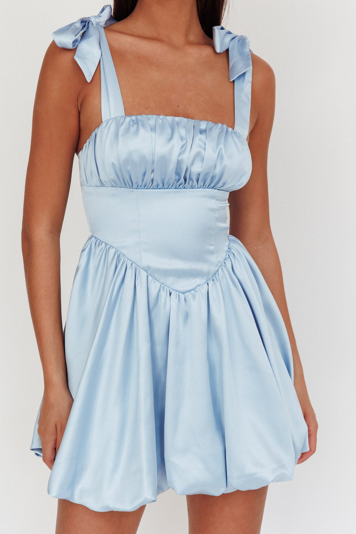 Just Magic Tied Shoulder Bubble Hem Mini Dress Baby Blue