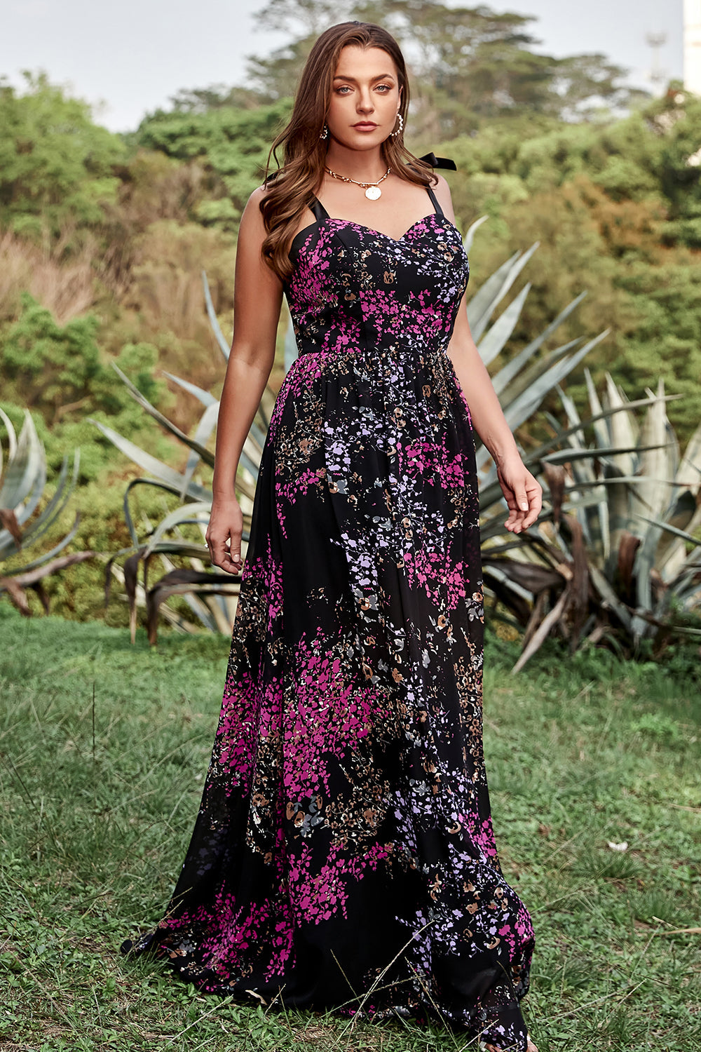 A Line Plus Size Black Mixed Flower Prom Dress