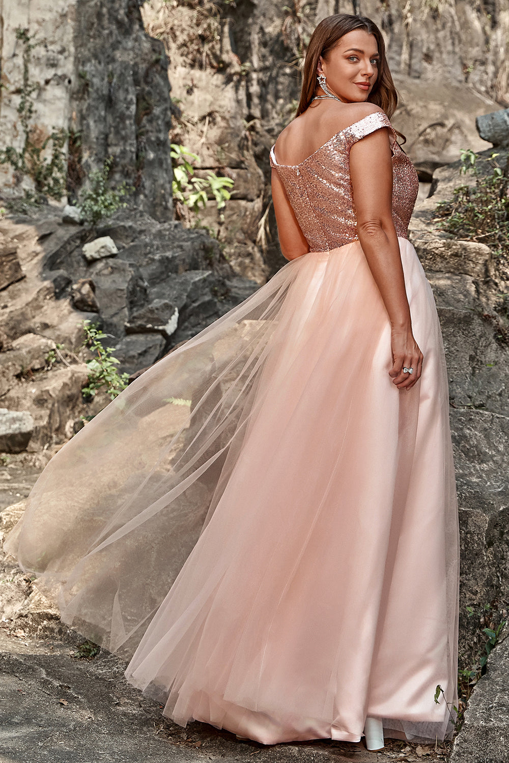 Blush Plus Size Off the Shoulder Tulle Prom Dress