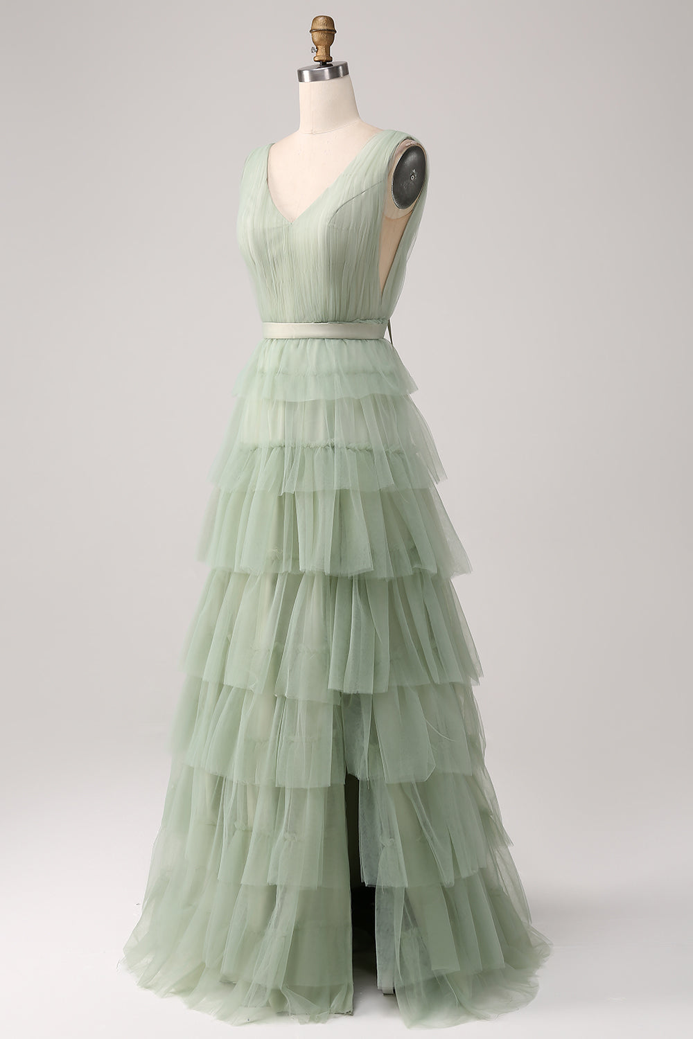 Pleated Tiered Green Prom Dress with Slit