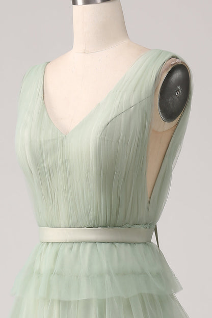 Pleated Tiered Green Prom Dress with Slit