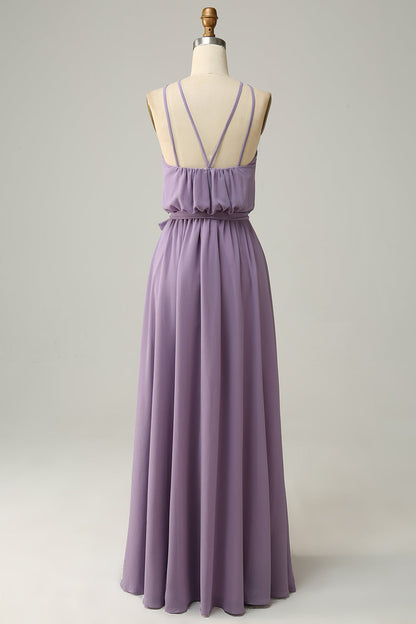A Line Halter Yellow Long Bridemaid Dress with Bowknot