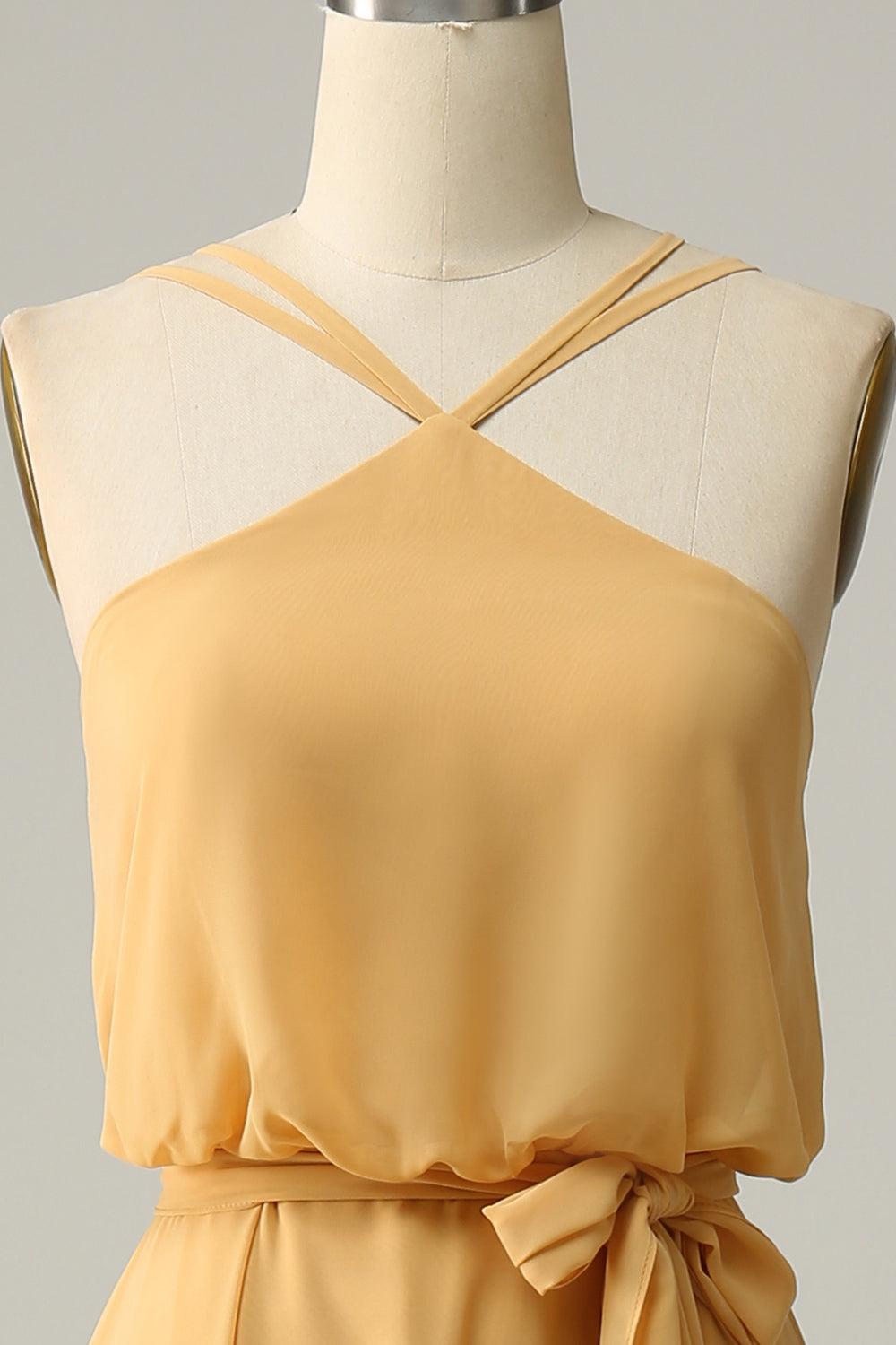 A Line Halter Yellow Long Bridemaid Dress with Bowknot
