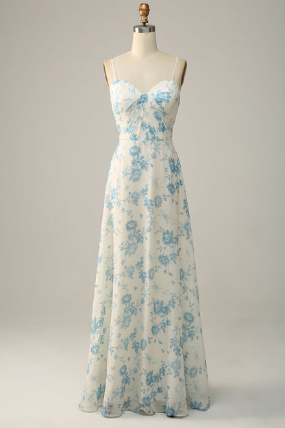 Spaghetti Straps Blue Floral Long Bridesmaid Dress