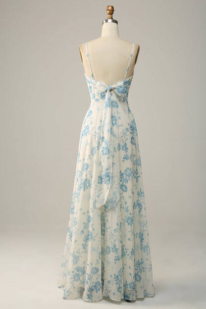 Spaghetti Straps Blue Floral Long Bridesmaid Dress
