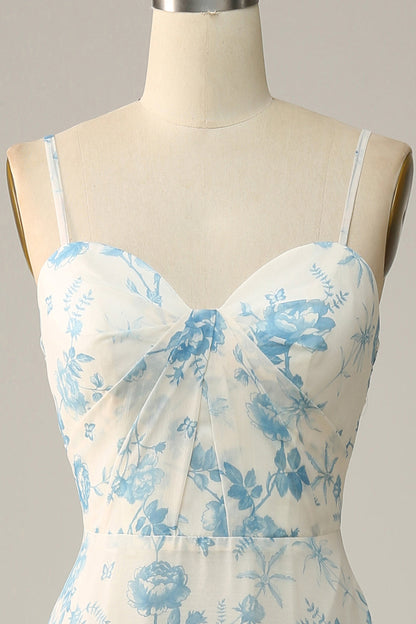Spaghetti Straps Blue Floral Long Bridesmaid Dress