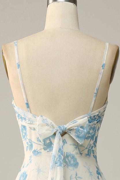 Spaghetti Straps Blue Floral Long Bridesmaid Dress