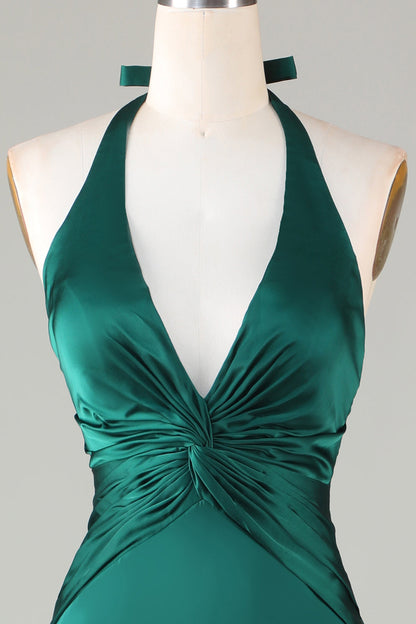 Dusty Sage Satin Sheath Halter Long Bridesmaid Dress