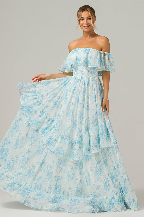 White Blue Floral Off The Shoulder Boho Long Bridesmaid Dress with Ruffles