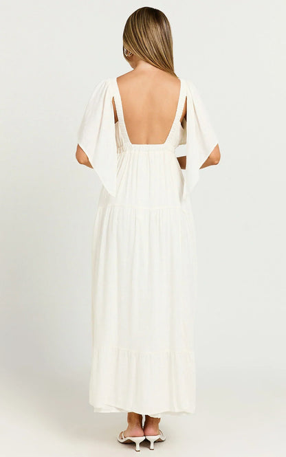 Lyrad Midi Dress - Linen Empire Waist Textured Dress in White
