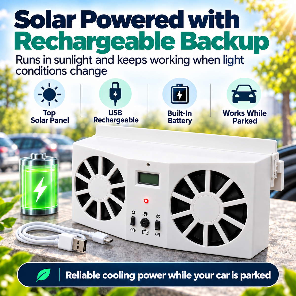 Solar Powered Car Window Exhaust Fan, Dual Turbo Cooling Vent Fan with LCD Temperature Display, USB Rechargeable, Remove Heat, Odor & Formaldehyde for Parked Vehicle