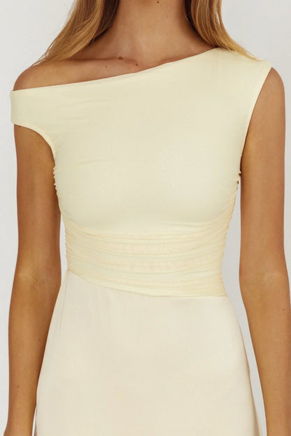 Moonlit Magic Asymmetric Neckline Satin Ruffle Dress Butter